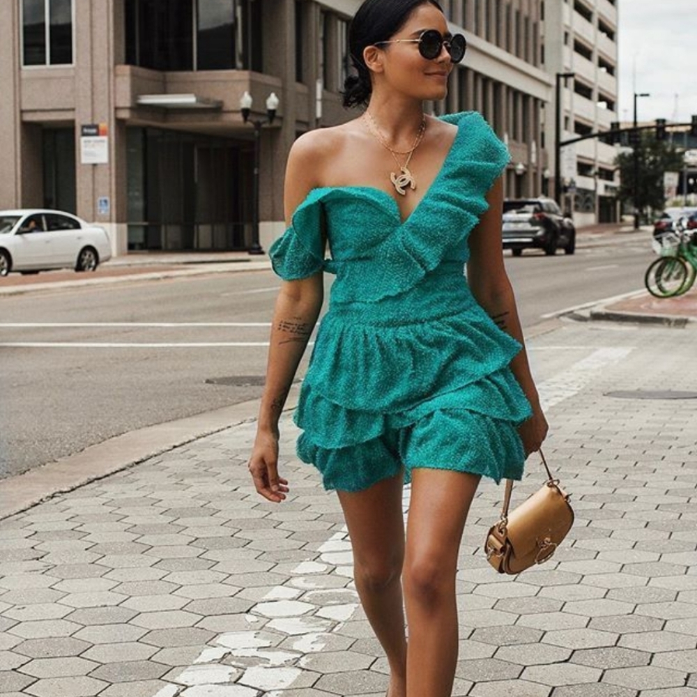 Women’s One-Shoulder Ruffle Mini Dress in Teal